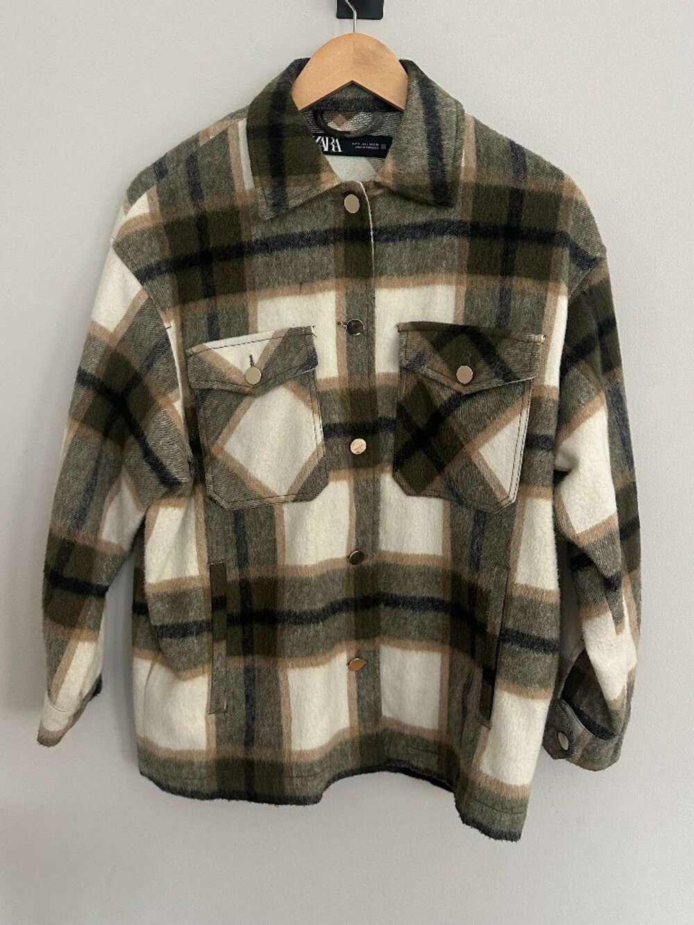 Zara Oversized Plaid Shacket Jacket Green Cream Size S